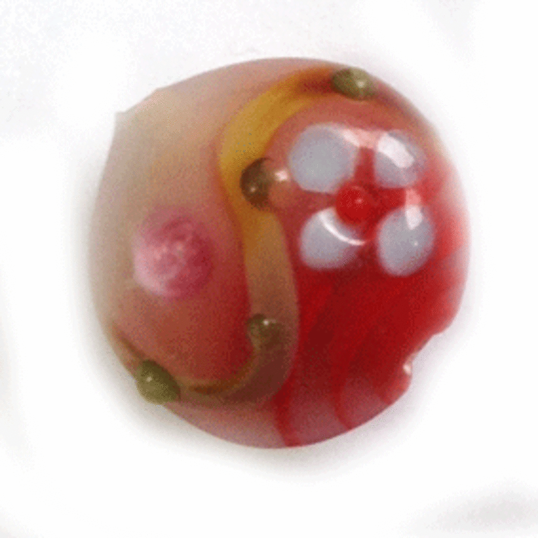 Chinese Lampwork Cushion (18mm): Opaque red/white/pinky with raised design image 0