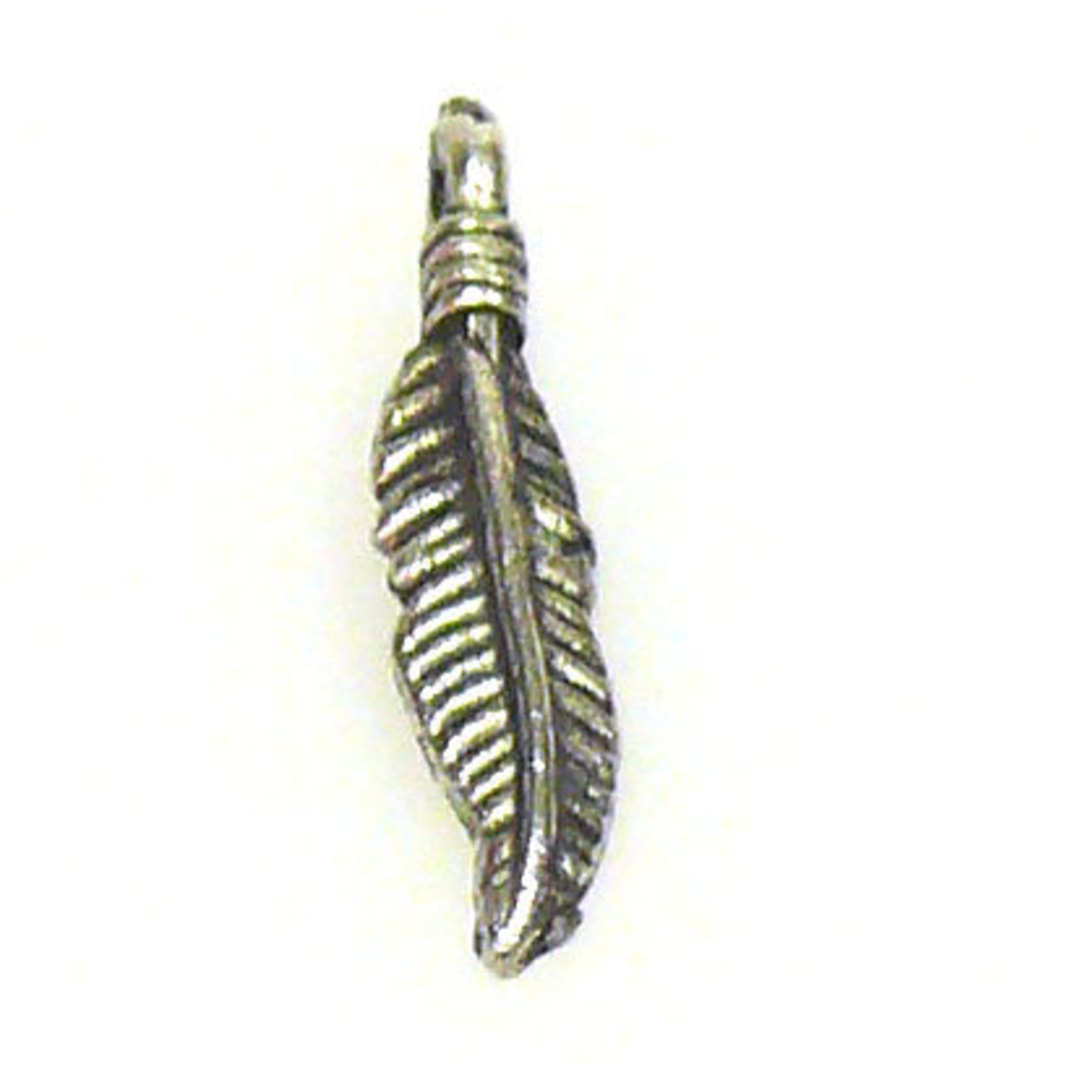 Metal Charm 10: Feather with binding (5 x 20mm) - antique silver image 0