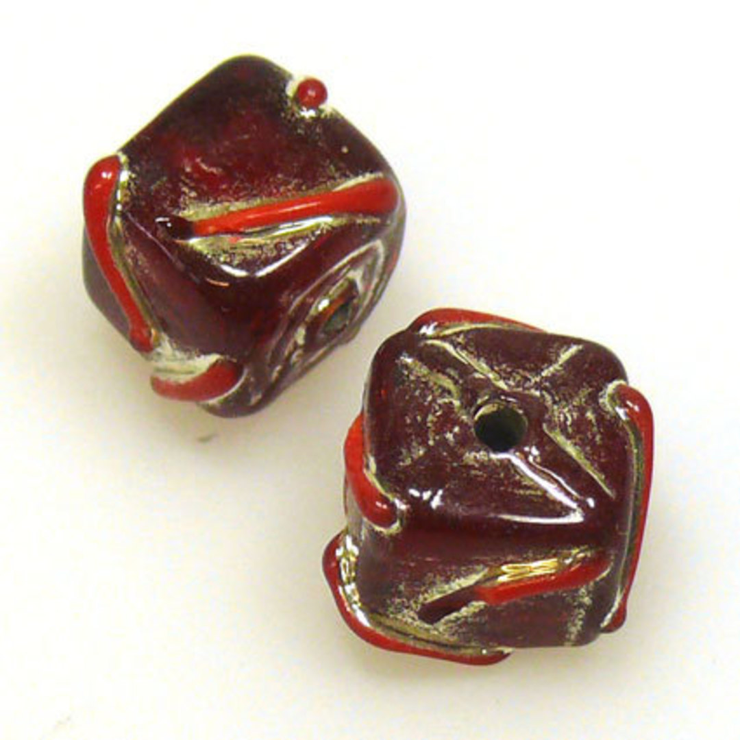 Indian Lampwork Cube (10mm) Dark red, silvery red markings image 0