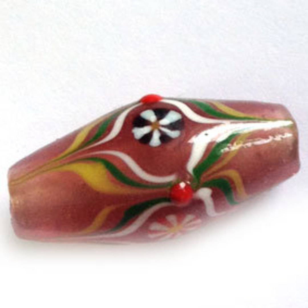 Chinese Lampwork Oval (16 x 32mm): Old pink with green and white markings image 0