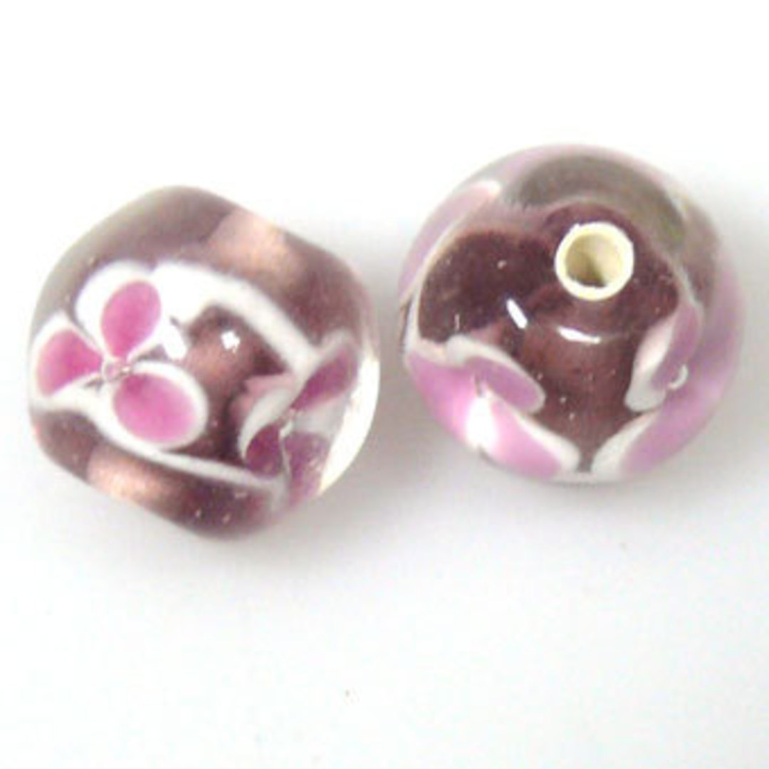 Indian Lampwork, round (13mm): Light amethyst with pinky/white flower pattern image 0