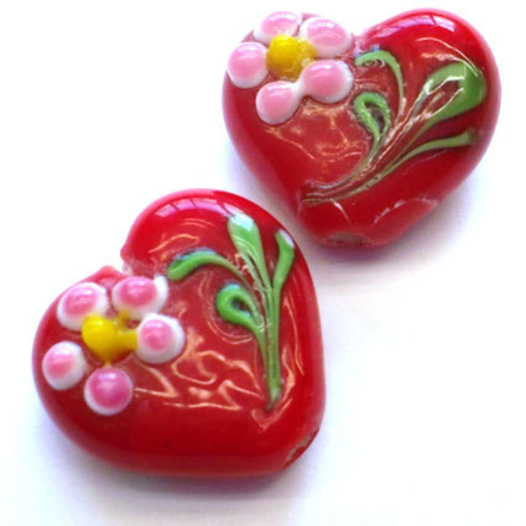 Chinese lampwork heart, opaque red with pink flower image 0