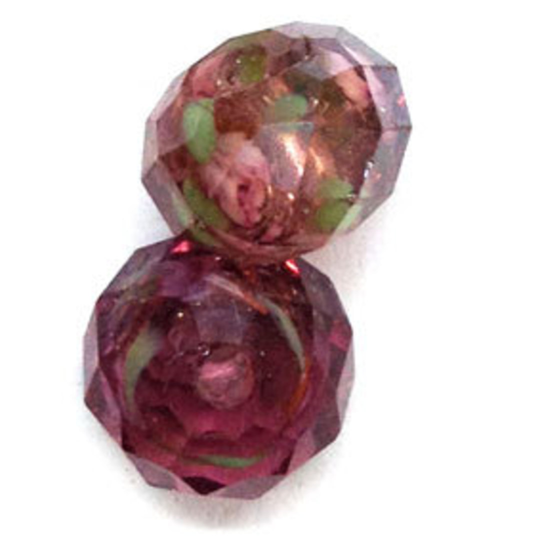 10mm Chinese Lampwork Faceted Rhondelle: Amethyst with pink and green flower swirls image 0