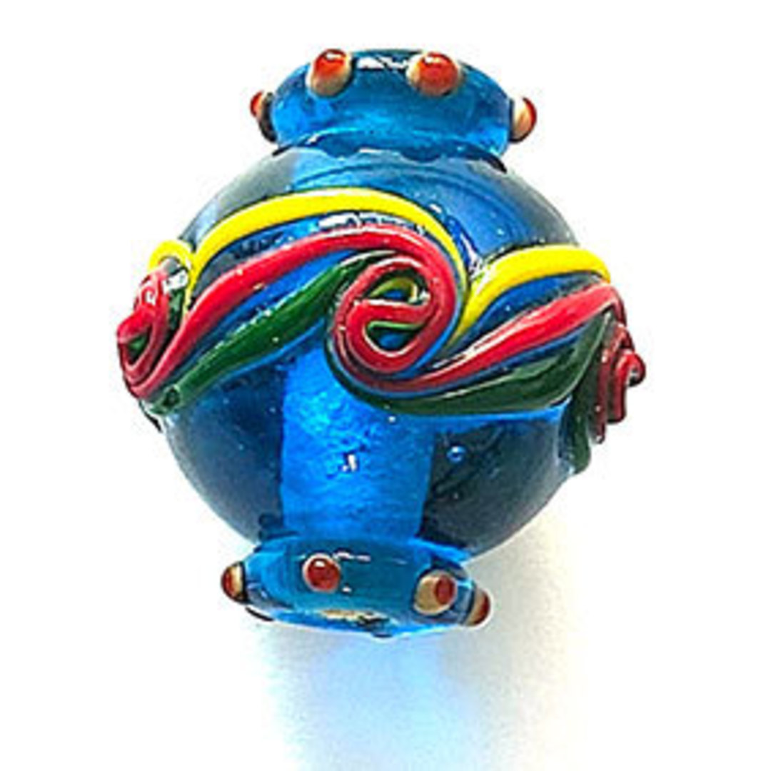 Indian Lampwork Bead (21 x 37 x 10mm):  Deep Aqua Lantern Bead with swirled patterns - approx. 24x 26mm image 0