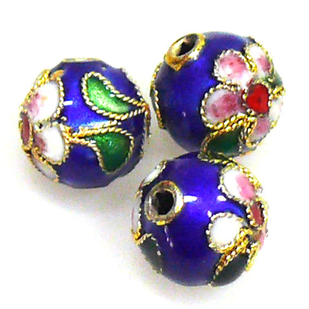 Cloisonne Bead, 10mm round, Blue with floral decoration image 0