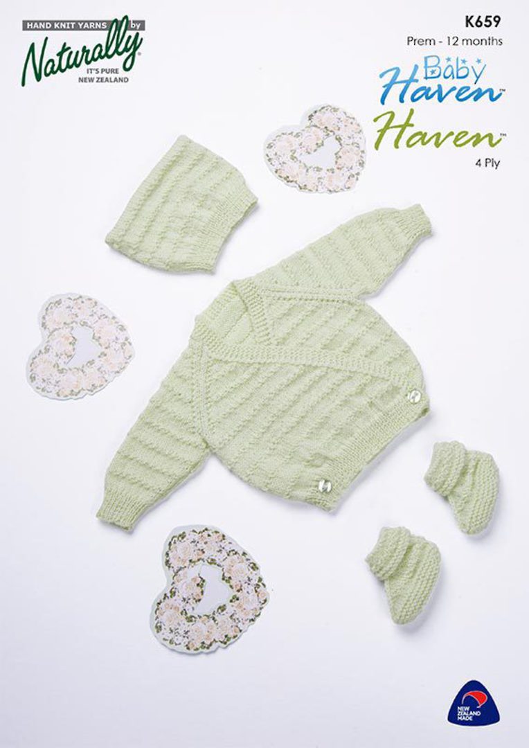 K659 Crossover Cardigan, Matching Hat and Booties image 0