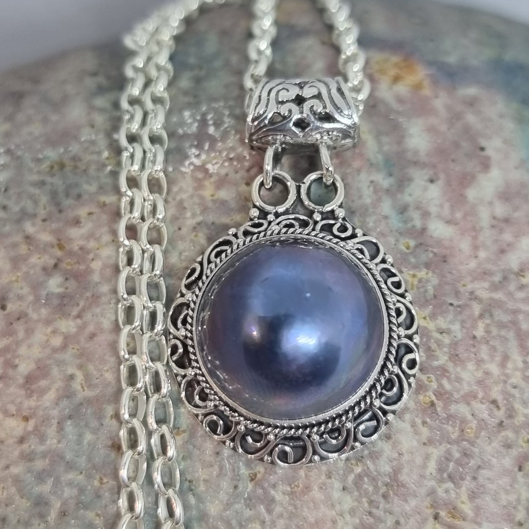 Sterling silver pendant with grey mabe pearl image 1