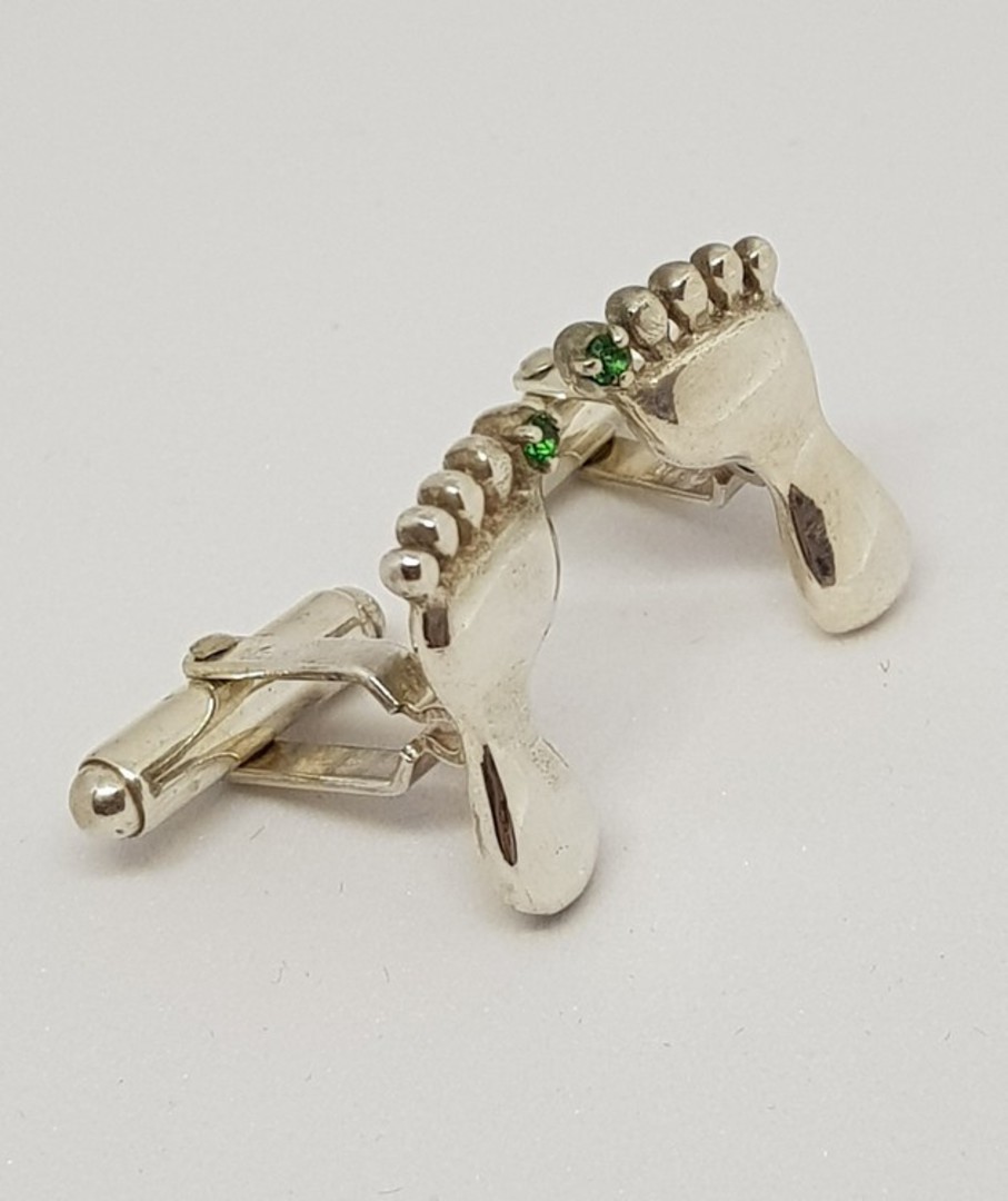 Sterling silver cufflinks foot shape with green stone image 0