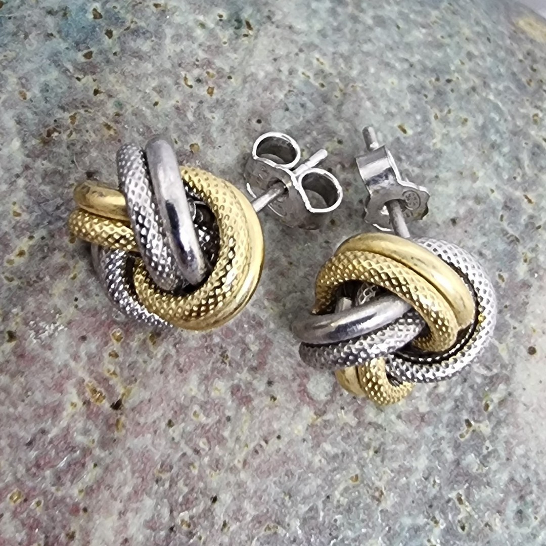 Silver knot stud earrings with gold plating image 2