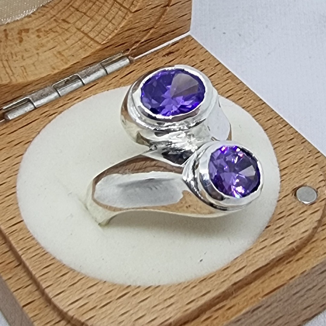 Sterling silver sparkling purple gemstone ring, made in NZ - Size Q image 0