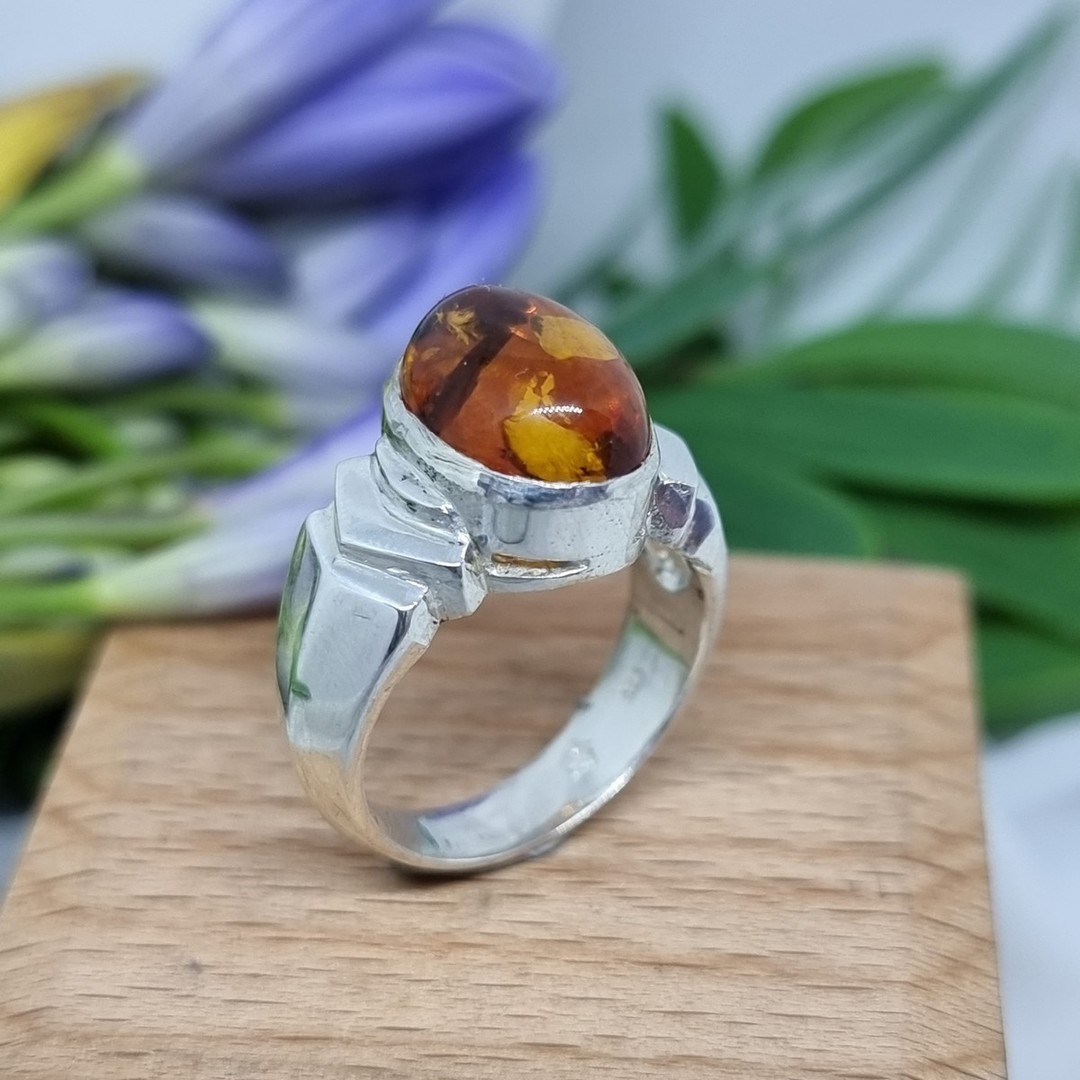 Sterling silver oval amber ring, made in NZ image 2