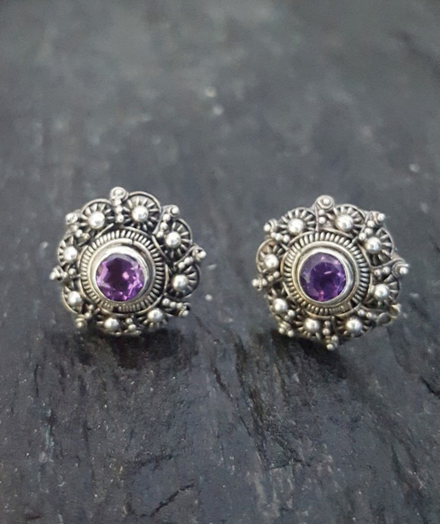 Filigree stud earrings with deep purple gemstone image 0