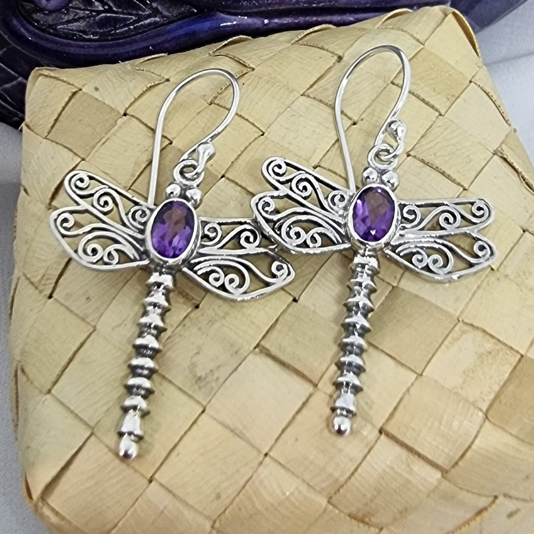 Silver amethyst dragonfly earrings image 2