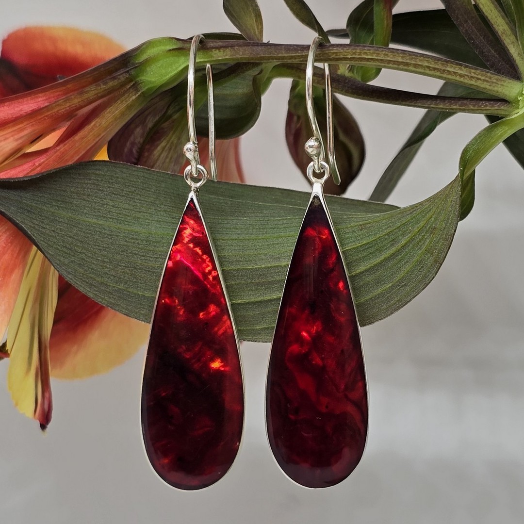 Elongated oval red earrings, sterling silver gorgeous shine image 3