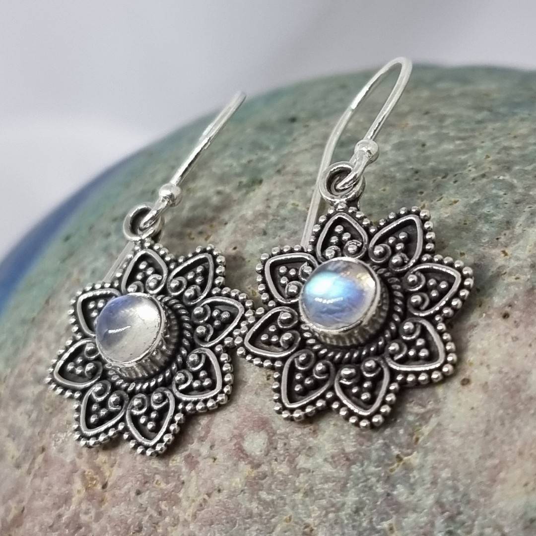 Silver flower moonstone earrings image 2