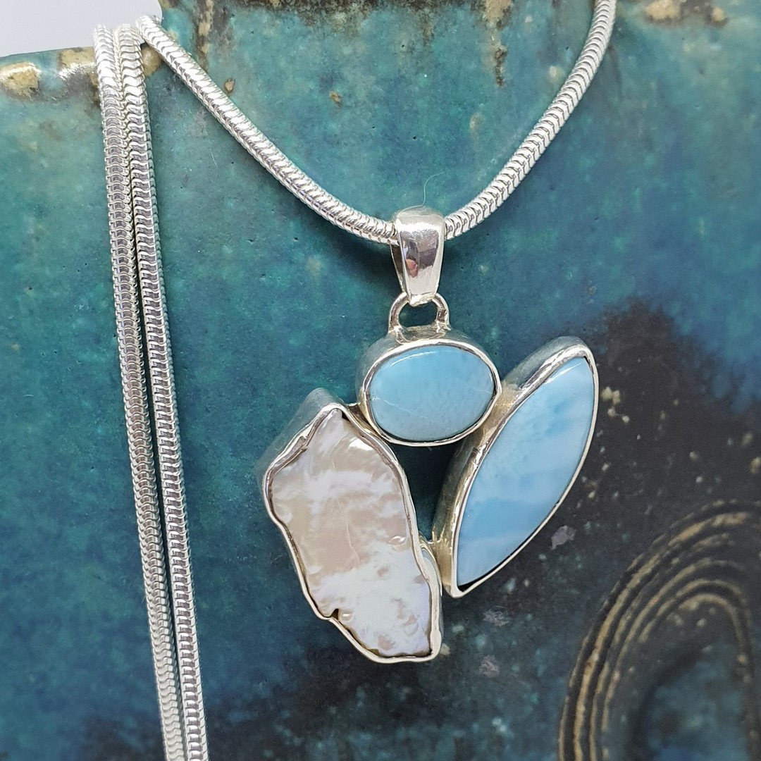 Silver larimar and pearl pendant image 1