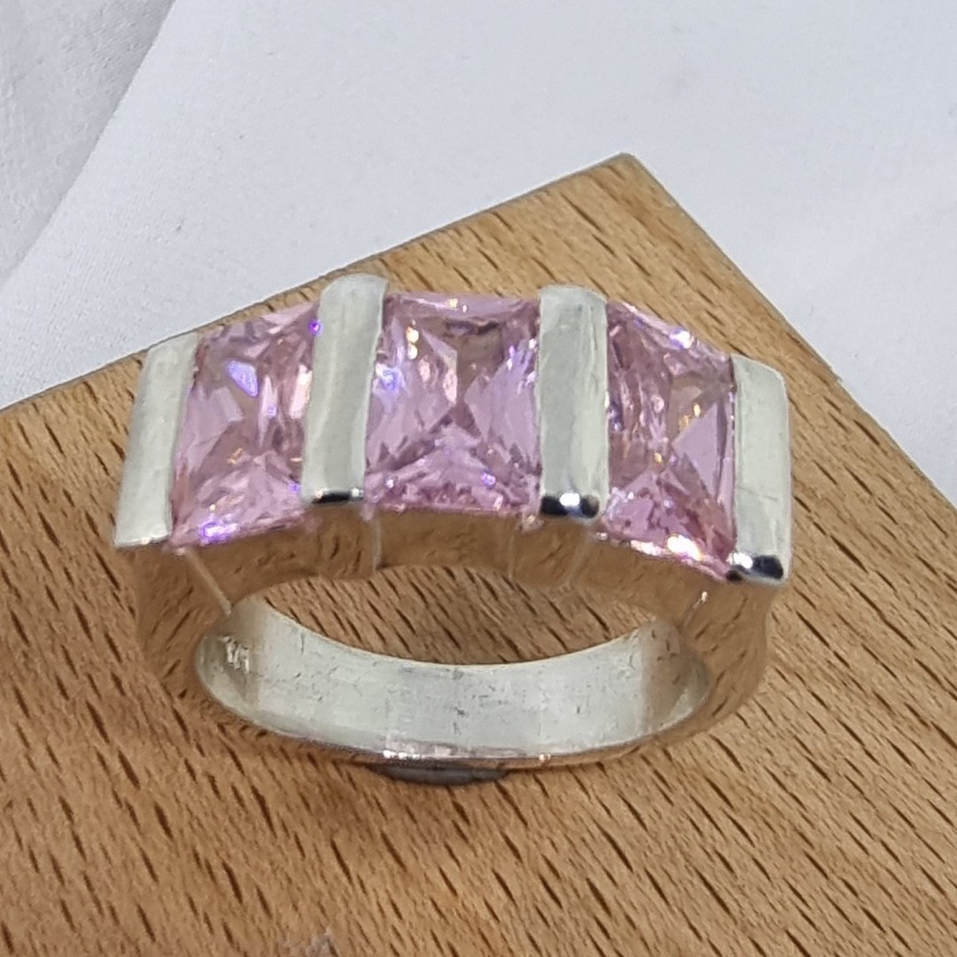 Designer pink stone silver ring - Size P image 0