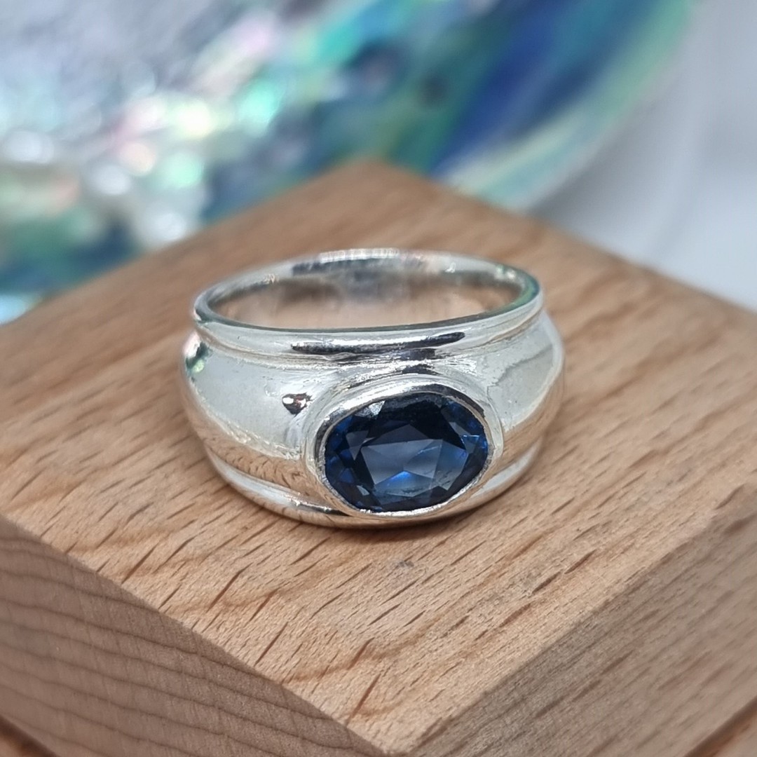 Sterling silver, wide band lab-created sapphire ring image 2