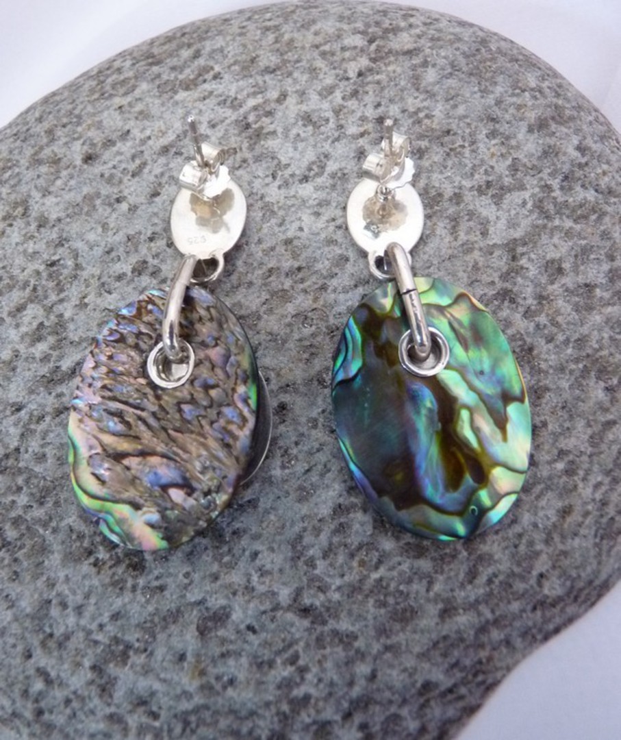 Purple paua shell earrings with silver koru disc image 3