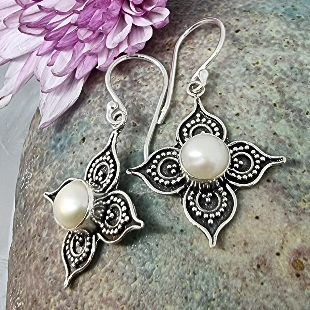 Silver star flower white pearl earrings image 1