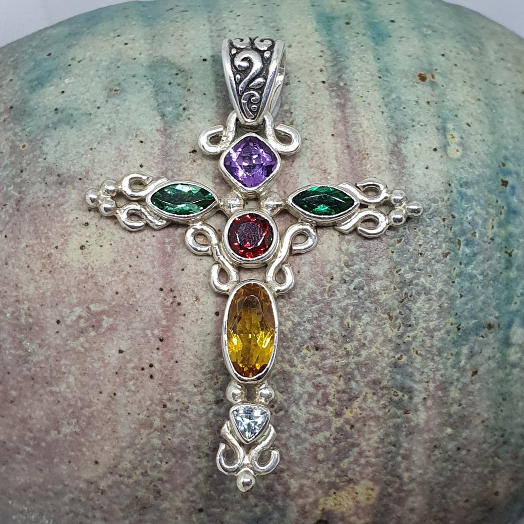 Sparkling coloured gemstone silver pendant cross necklace image 0