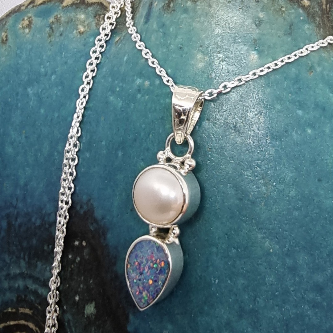 Sterling silver opal and pearl pendant image 1