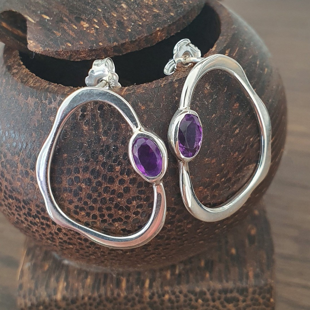 Open wonky oval shape amethyst earrings image 2