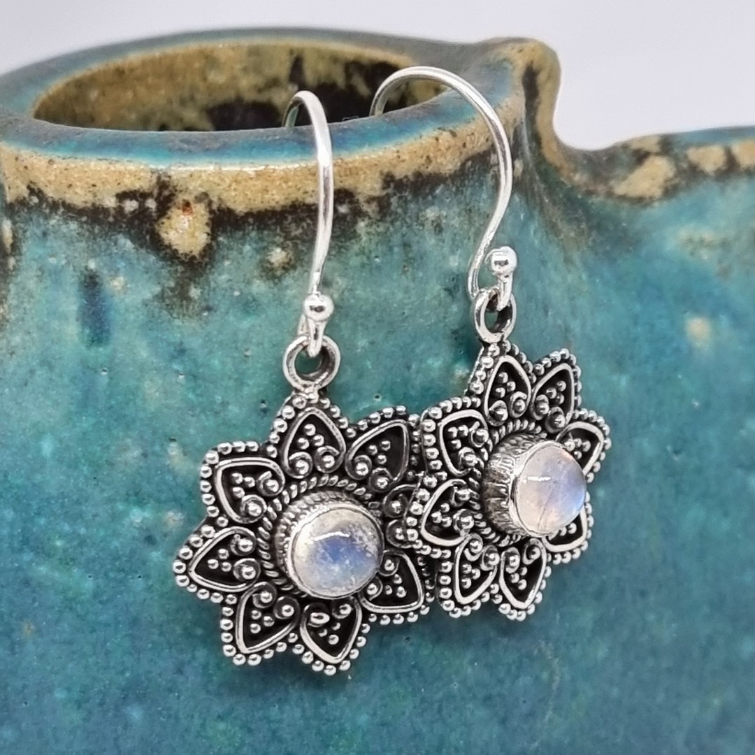 Silver flower moonstone earrings image 1