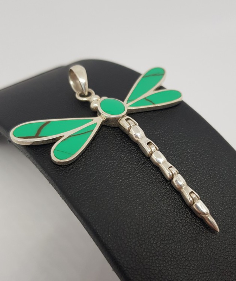Turquoise coloured dragonfly pendant - sterling silver image 1