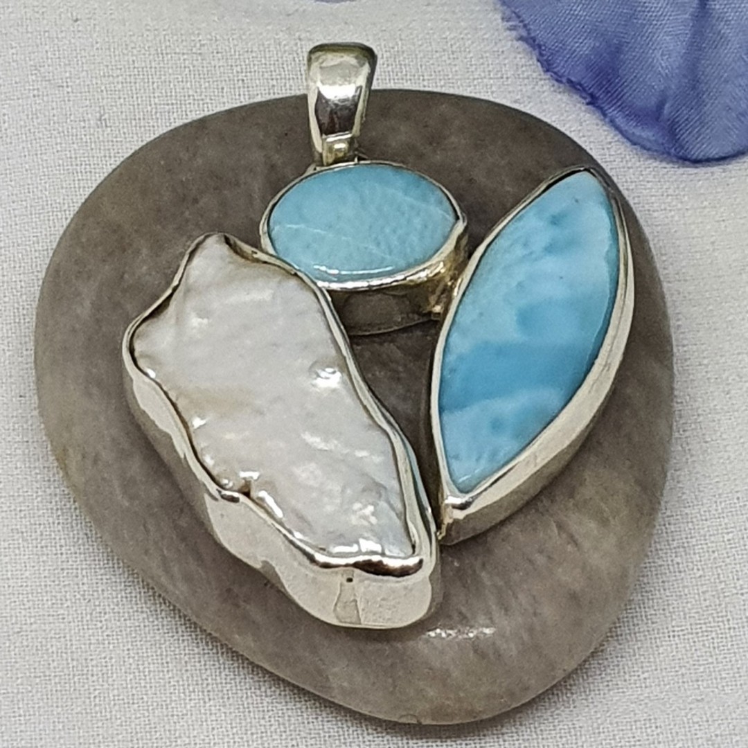 Silver larimar and pearl pendant image 0
