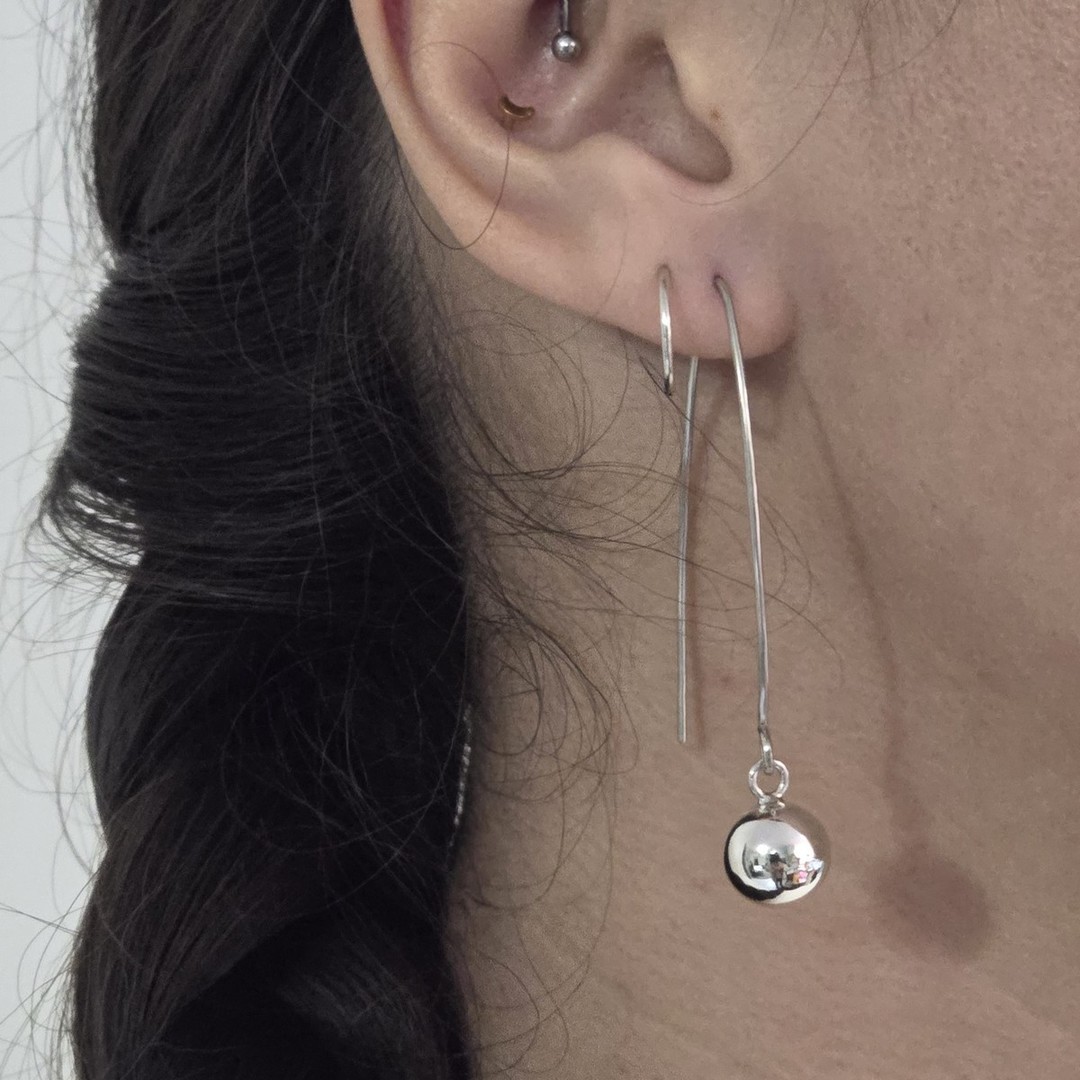 Extra long threaded silver sphere earrings - best seller! image 1