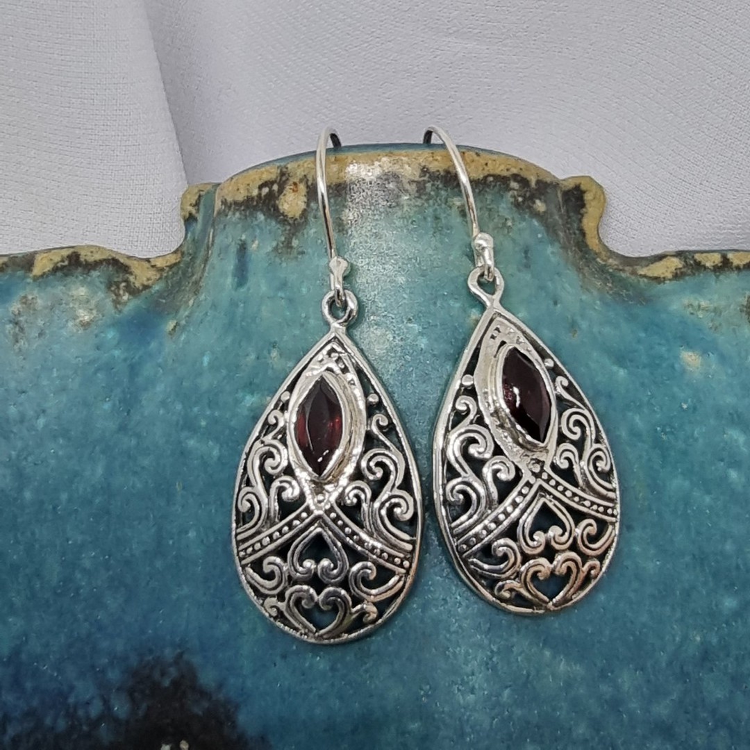Incredible detail, sterling silver garnet earrings image 1