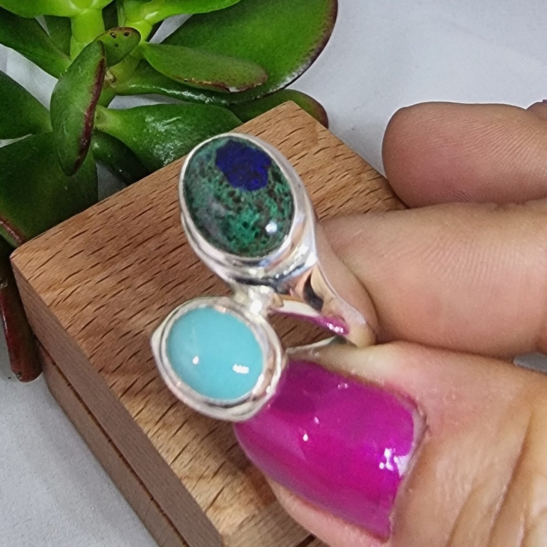 Turquoise and malachite azurite gemstone silver ring image 1