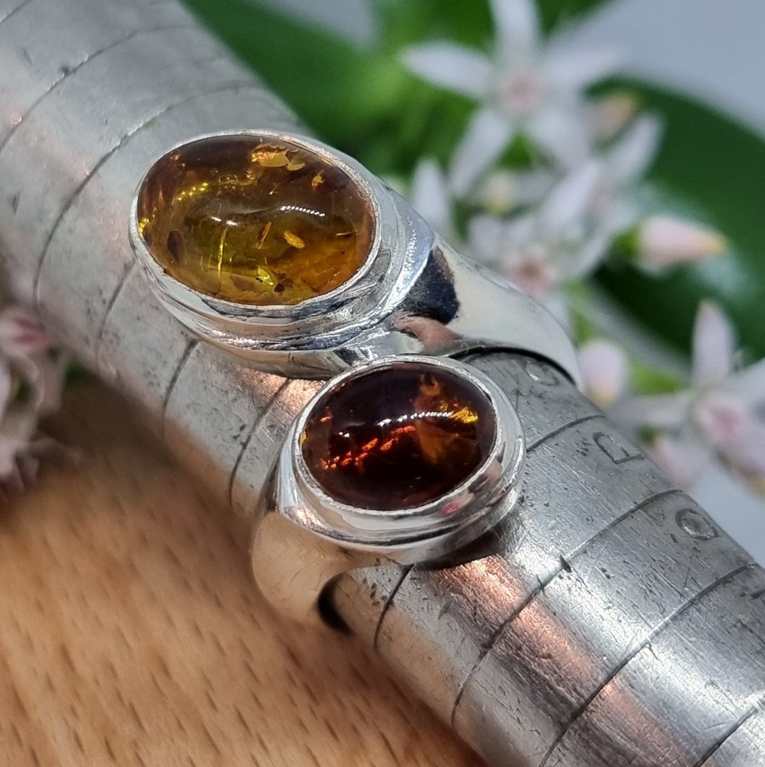 Sterling silver natural amber ring, made in NZ - size R image 1
