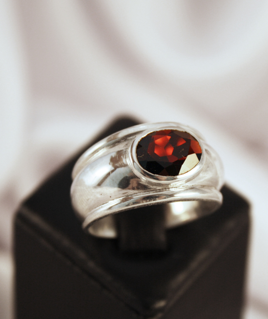 Sterling silver wide band ring with garnet image 1