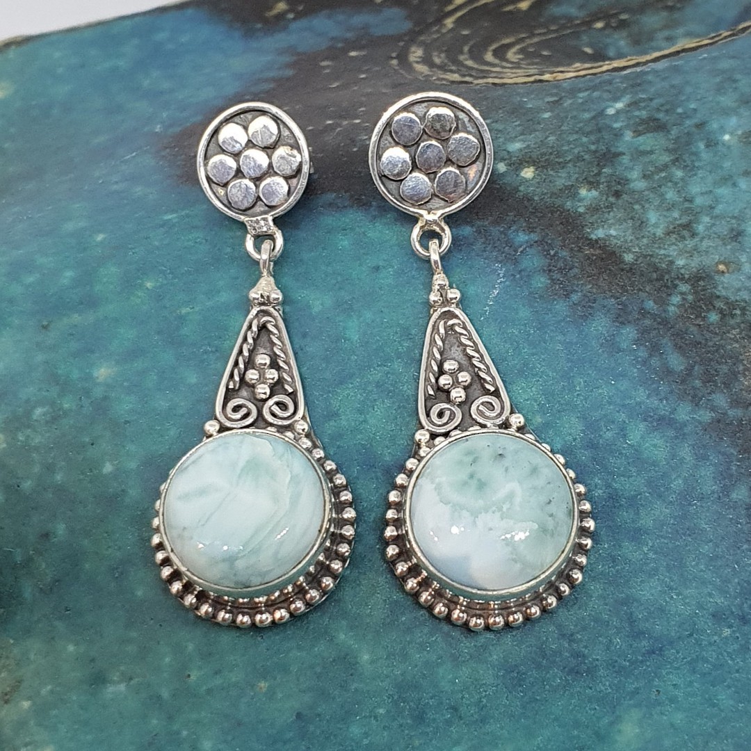 Round larimar gemstone, long teardrop silver earrings image 0