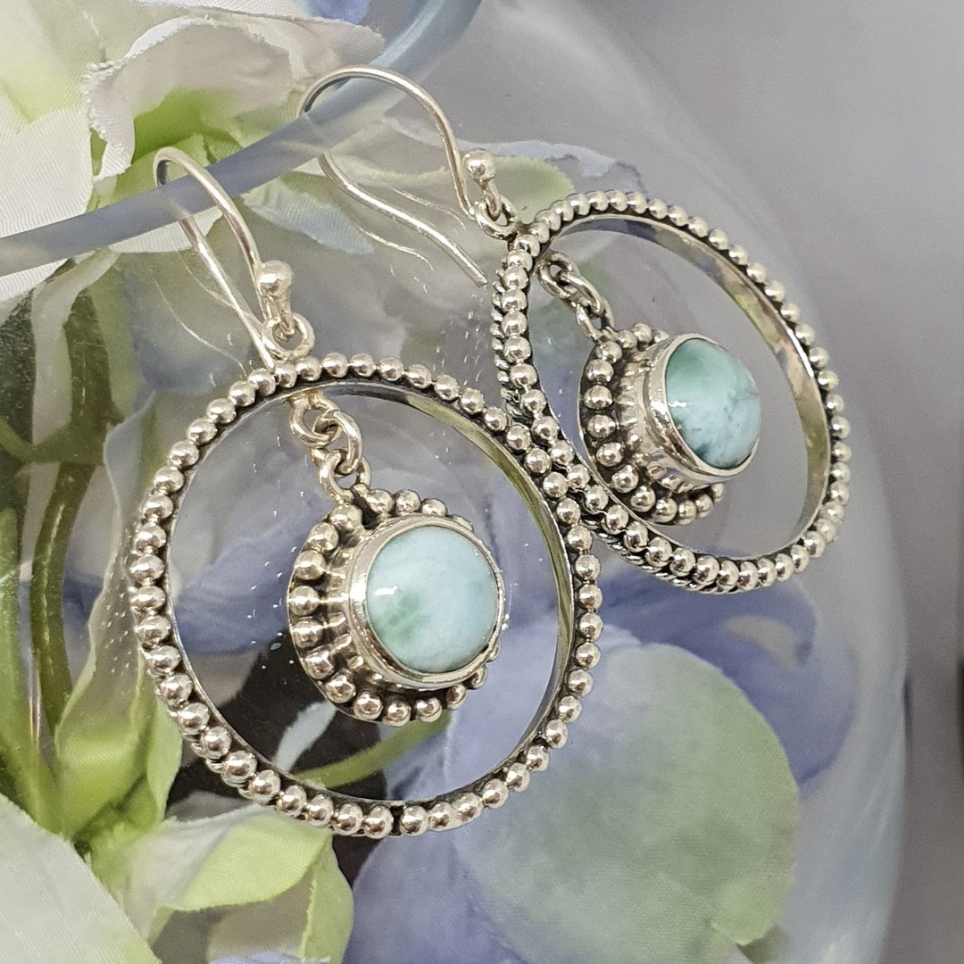 Fabulous, large decorated larimar gemstone hoop earrings image 1