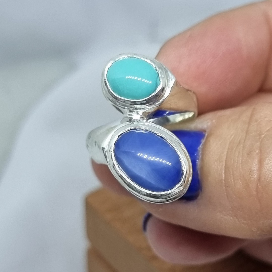 Turquoise and blue gemstone silver ring image 1