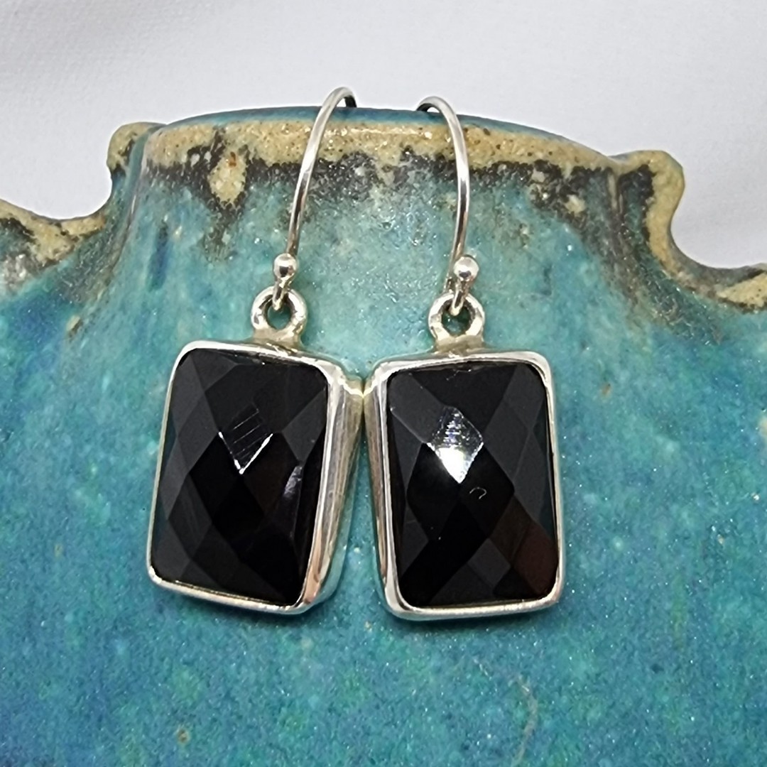 Sterling silver facet cut black onyx earrings image 1