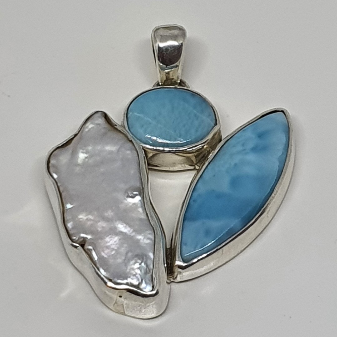 Silver larimar and pearl pendant image 2