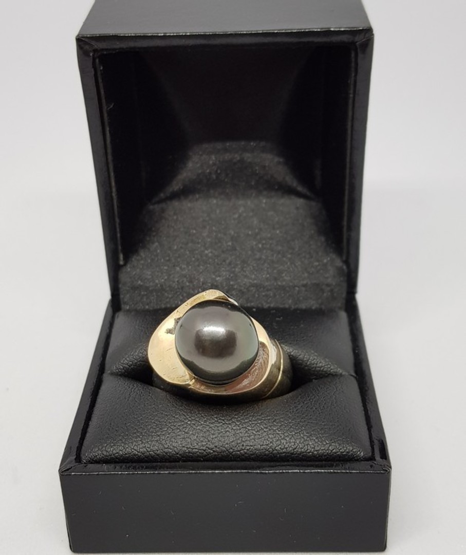 Black Tahitian pearl silver ring - with solid gold image 3