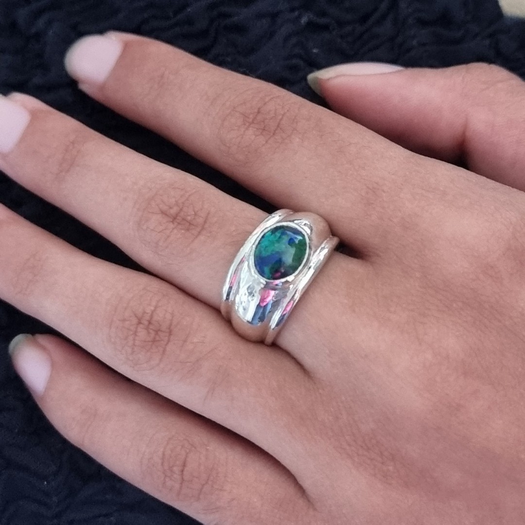 Sterling silver, wide band azurite malachite ring image 3