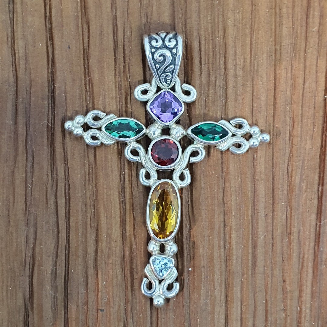 Sparkling coloured gemstone silver pendant cross necklace image 4