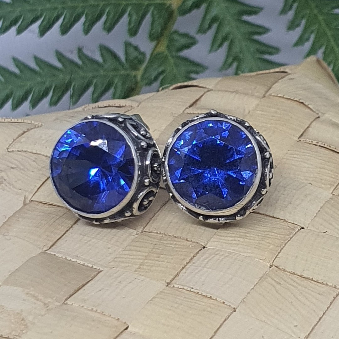 10mm round filigree synthetic sapphire stud earrings image 0