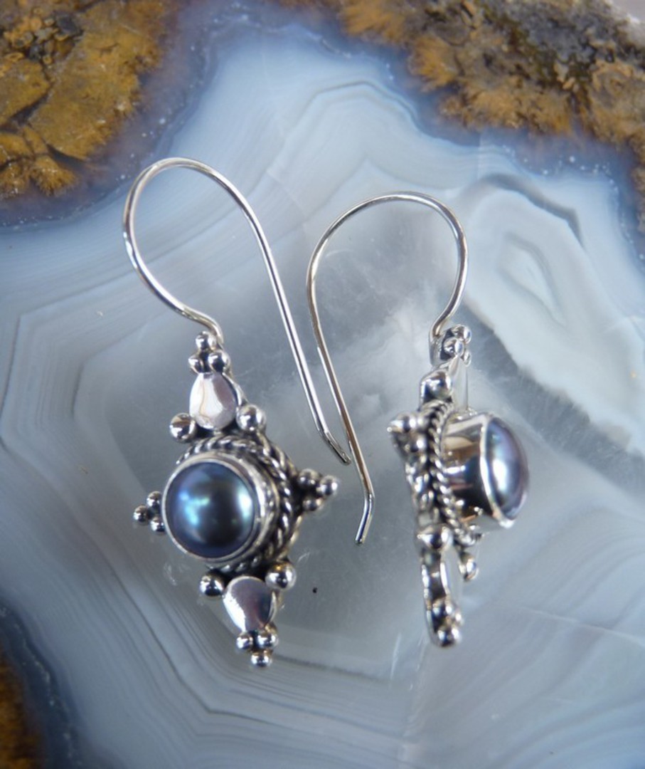 Long hook silver blue grey pearl earrings image 2