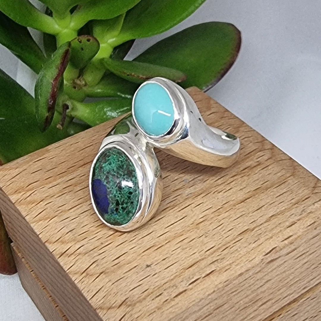 Turquoise and malachite azurite gemstone silver ring image 4