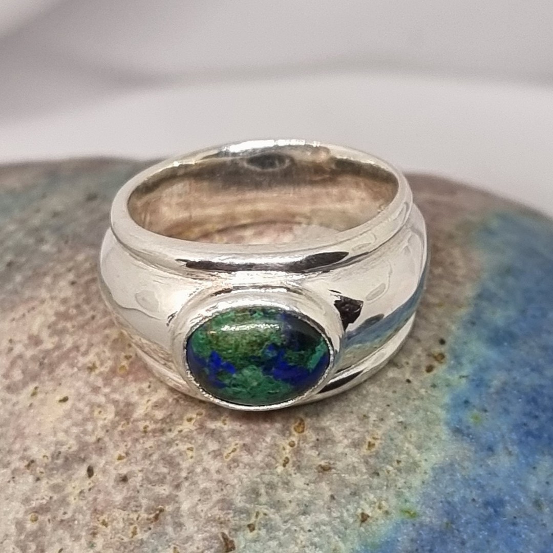 Sterling silver, wide band azurite malachite ring image 2