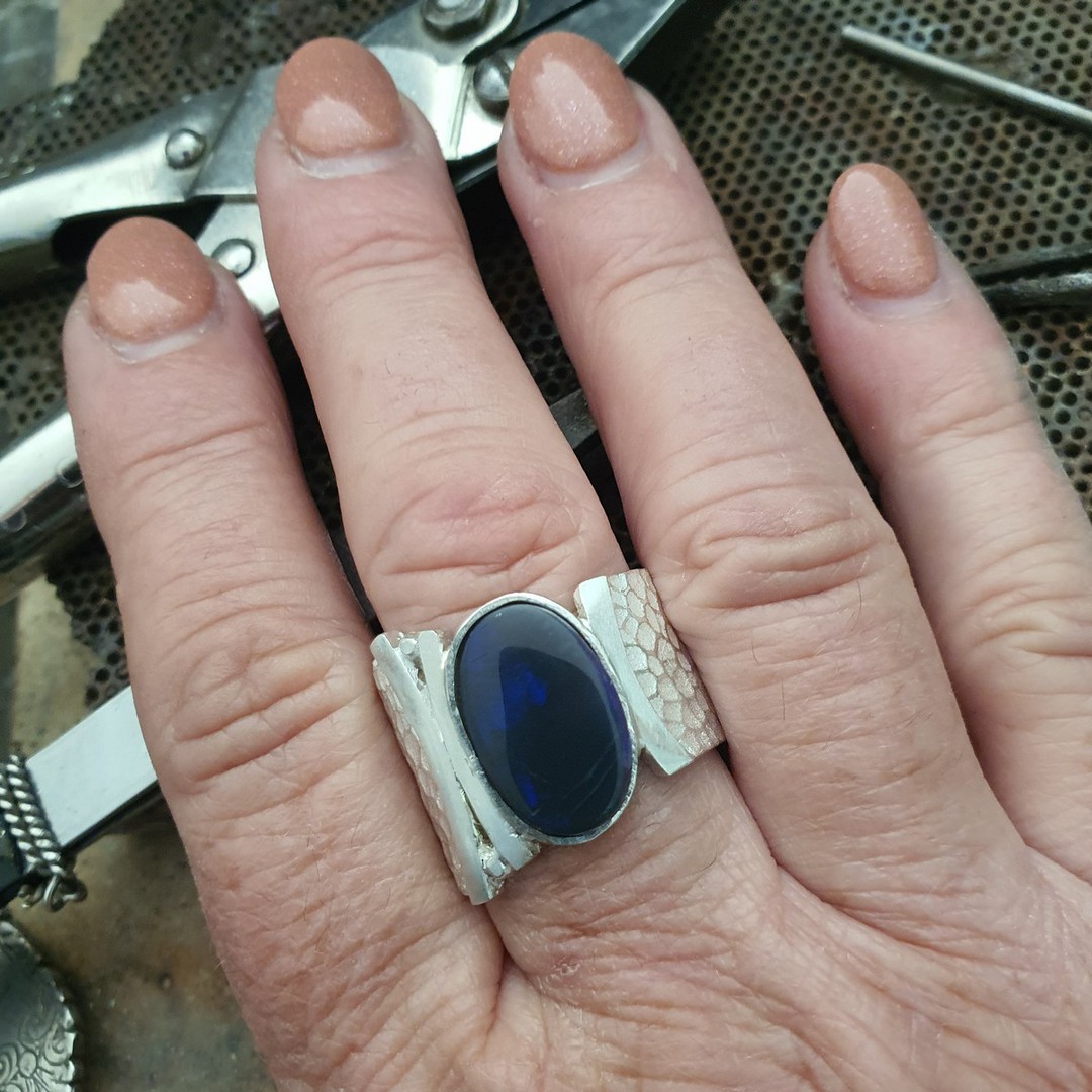 Wide hammered silver ring with Australian opal image 4