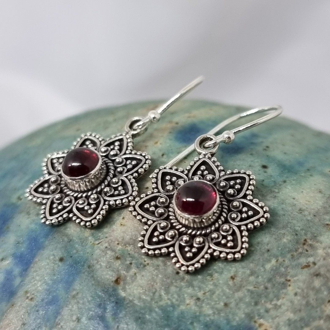 Silver flower garnet earrings image 1