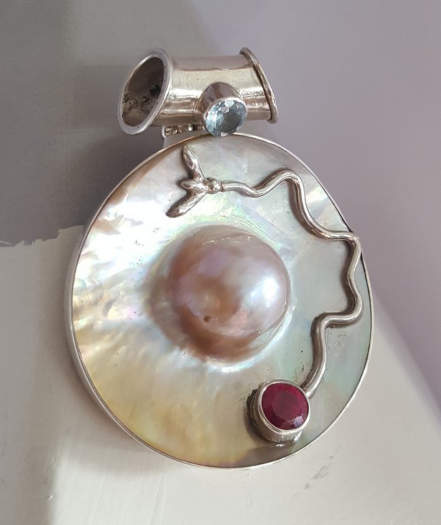 Blister pearl with gemstones silver pendant image 0